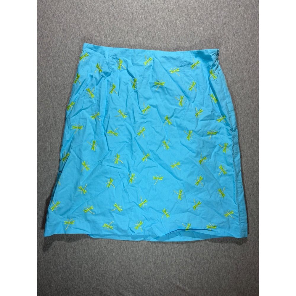 Talbots Blue Cotton Skirt Lime Green Dragonfly Embroidery Size 8 A-Line Knee